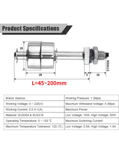 Sensor de Nivel de Líquido Keenso AC/DC 0-220V Acero Inoxidable