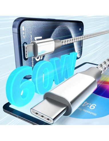 Cable USB C KYEHD 3M 60W Carga Rápida Paquete de 3 Gris