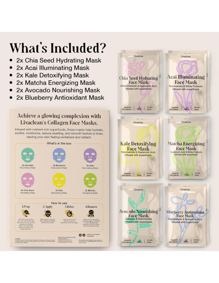 Mascarillas Faciales LivaClean 12 Unidades Hidratantes Colágeno Mascarillas Faciales LivaClean 12 Unidades Hidratantes Colágeno