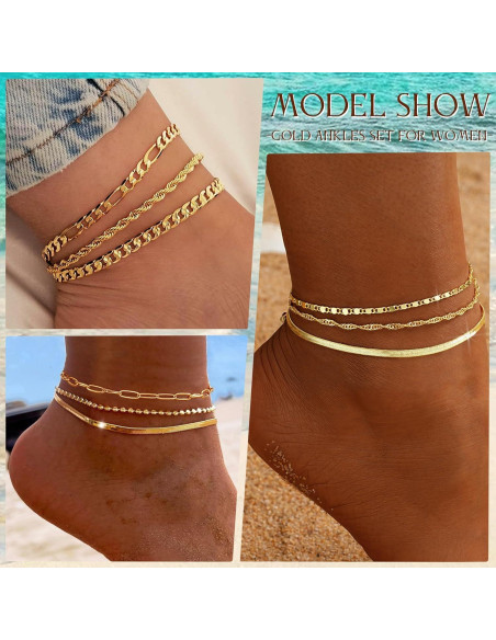 Conjunto de Pulseras de Tobillo de Oro 14K para Mujeres 5pc Conjunto de Pulseras de Tobillo de Oro 14K para Mujeres 5pc