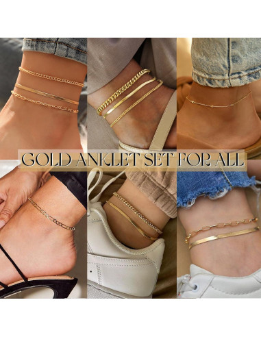 Conjunto de Pulseras de Tobillo de Oro 14K para Mujeres 5pc