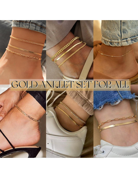 Conjunto de Pulseras de Tobillo de Oro 14K para Mujeres 5pc Conjunto de Pulseras de Tobillo de Oro 14K para Mujeres 5pc