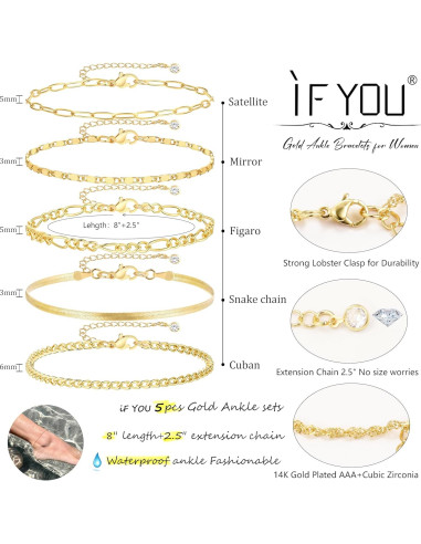 Conjunto de Pulseras de Tobillo de Oro 14K para Mujeres 5pc