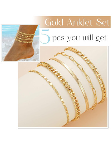Conjunto de Pulseras de Tobillo de Oro 14K para Mujeres 5pc