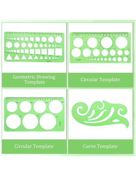 4 Plantillas Geométricas AEDOVE - Plástico Transparente Verde 4 Plantillas Geométricas AEDOVE - Plástico Transparente Verde