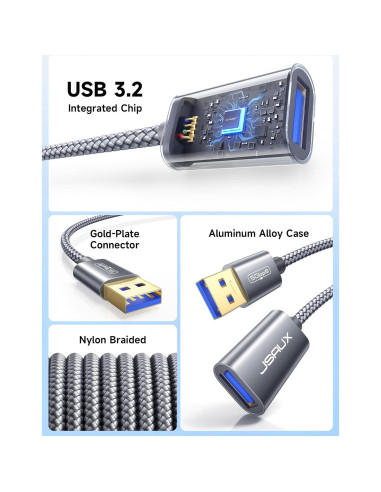 Cable de Extensión USB 3.0 JSAUX 0.5M Gris - Transferencia Rápida