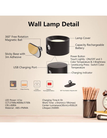 Aplique de Pared LED Deyagoo con Batería Recargable 3 Brillos Aplique de Pared LED Deyagoo con Batería Recargable 3 Brillos