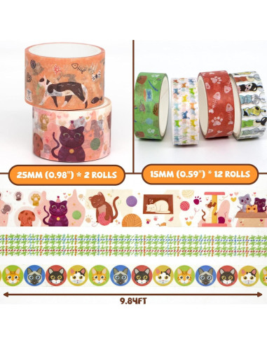 Conjunto de 14 Rollos de Cinta Washi KOVANO - Animales Kawaii
