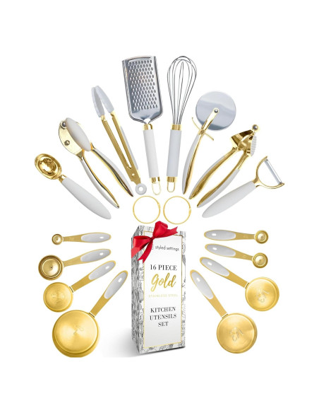 Conjunto de Utensilios de Cocina 16 Piezas STYLED SETTINGS Blanco y Dorado Conjunto de Utensilios de Cocina 16 Piezas STYLED SETTINGS Blanco y Dorado