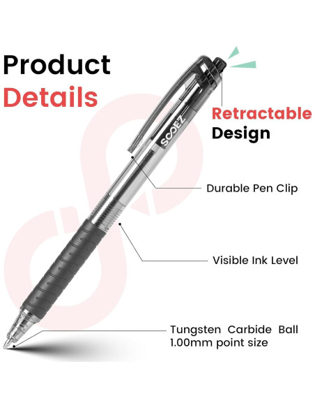 Bolígrafos Retráctiles Sooetz 12 Unidades Tinta Negra 1.0mm Bolígrafos Retráctiles Sooetz 12 Unidades Tinta Negra 1.0mm