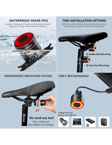 Luz Trasera Inteligente PADONOW Q4 LED Recargable IPX6 Luz Trasera Inteligente PADONOW Q4 LED Recargable IPX6