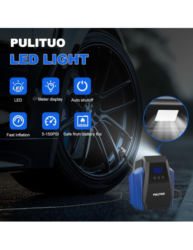 Compresor de Aire Portátil PULITUO 12V con Manómetro Digital
