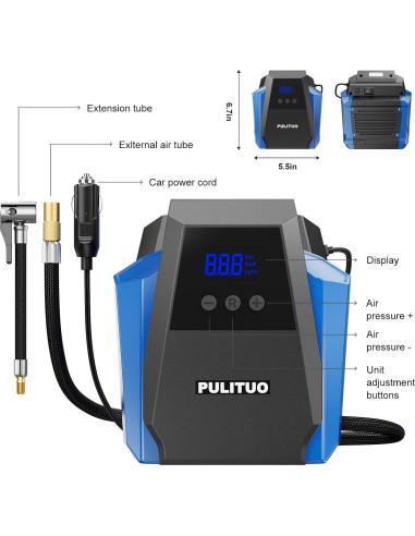 Compresor de Aire Portátil PULITUO 12V con Manómetro Digital