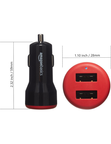 Cargador de Coche USB-A 24W Amazon Basics 2 Puertos Negro/Rojo