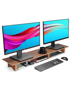 Soporte Elevador Doble para Monitor Aothia de Madera Nogal