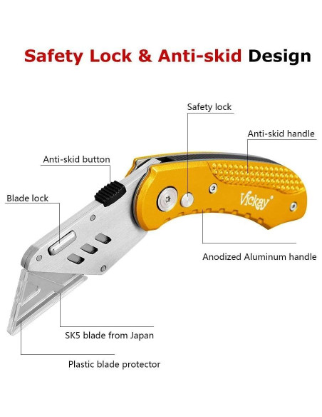 Cuchillo Utility Plegable Vickay Amarillo con 5 Cuchillas SK5 Cuchillo Utility Plegable Vickay Amarillo con 5 Cuchillas SK5