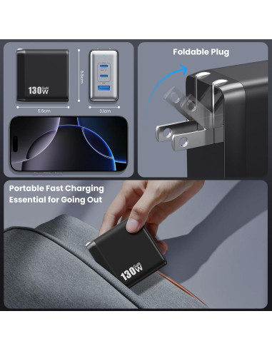 Cargador USB C Rápido 130W GaN 3 Puertos Plegable Negro