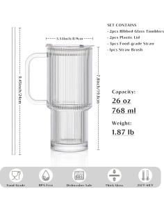Vasos de Vidrio Estriado INSETLAN 26oz con Asa y Tapa - 2 Piezas 2