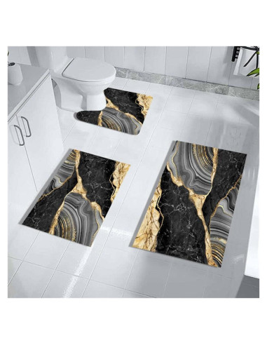 Alfombra de Baño MUGINYU 3 Piezas Antideslizante Negro y Dorado
