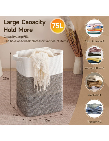 Cesta de Ropa Rectangular 75L CLHMILY&Z Algodón Marrón y Blanco