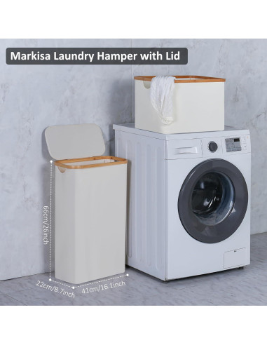 Cesto de Ropa Plegable Merkisa 60L Beige con Tapa y Mango