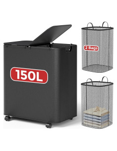 Cesto de Ropa Doble LAMU 150L con Ruedas y Tapa Negra