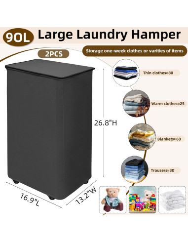Cestas de Lavandería Colapsables Zealor 90L con Ruedas - 2 Pcs