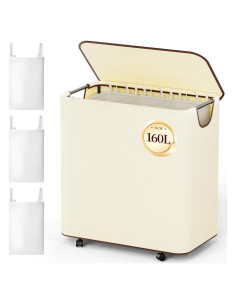 Cesto de Ropa LAMU 160L Beige con Ruedas y Tapa 3 Secciones