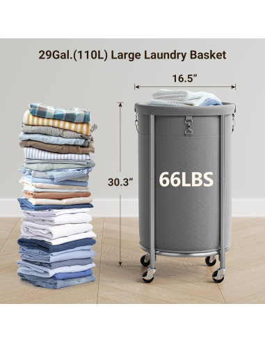 Cesto de Ropa ELYKEN 110L con Ruedas y Bolsa Extraíble Gris