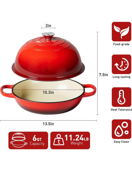 Horno de Pan de Hierro Fundido TMEDW 6QT Rojo con Accesorios Horno de Pan de Hierro Fundido TMEDW 6QT Rojo con Accesorios