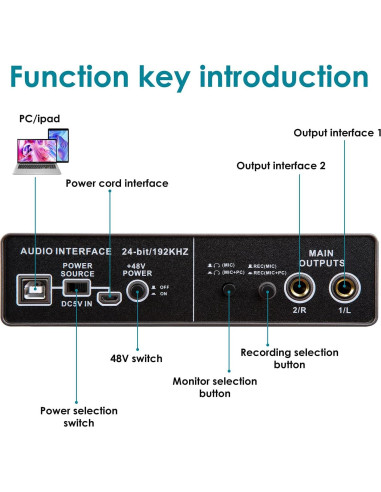 Interfaz de Audio USB YOUSHARES 2 Canales 48V para Grabación