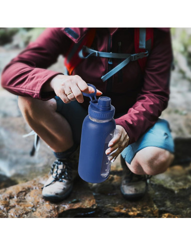 Botella de Agua de Vidrio EALGRO 0.95L con Pajilla y Asa Azul