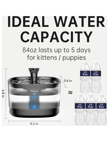 Fuente de Agua para Gatos Veken 2.5L Silenciosa con LED