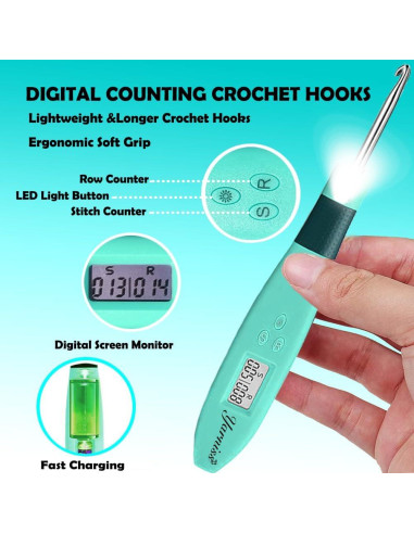 Juego de Ganchillos de Crochet Yarniss con Luz y Contador 18 Piezas