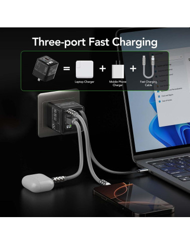 Cargador Rápido GaN 65W MFish USB-C y USB-A con Cable Retráctil