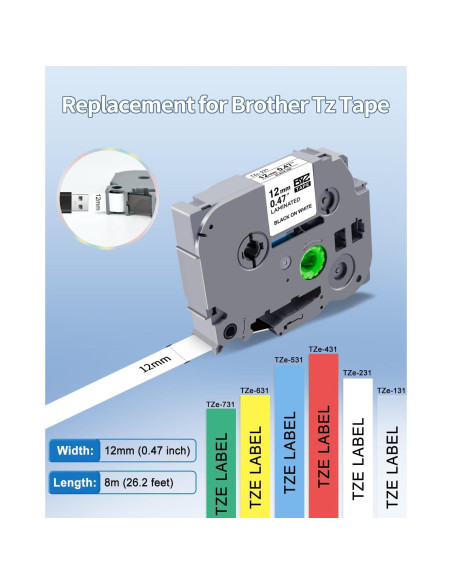 Paquete de 6 Cintas TZ Brother P Touch 12mm Laminadas Colores