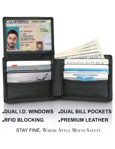 Billetera de Cuero Stay Fine Bifold RFID Negra 10.9x8.9cm