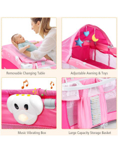 Cuna Plegable Costzon 4 en 1 Rosa con Dosel y Caja de Música 2