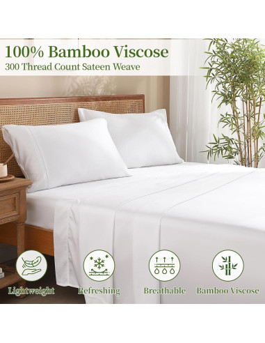 Juego de Sábanas Twin XL Rosecret 300 Hilos Viscosa Bambú Blanco