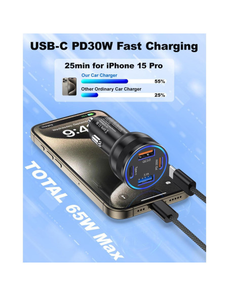 Cargador de coche USB C Agtray 65W 4 puertos con cables 2m Cargador de coche USB C Agtray 65W 4 puertos con cables 2m