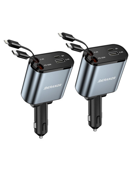 Cargador de Coche 4 en 1 DERANOR 69W con Cables Retráctiles Cargador de Coche 4 en 1 DERANOR 69W con Cables Retráctiles