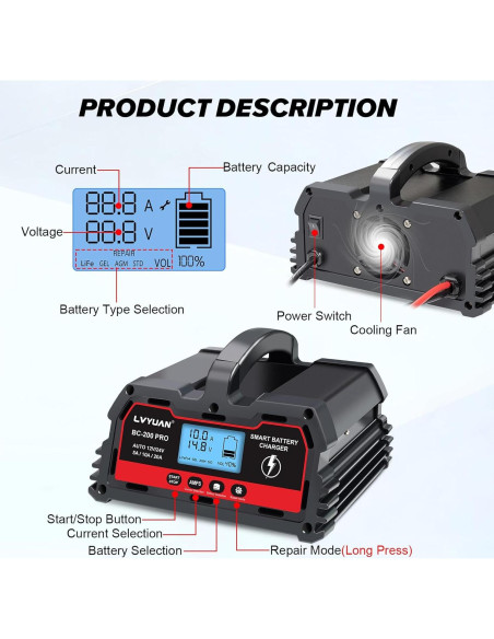 Cargador de Batería de Coche LVYUAN 20A 12V/24V Inteligente Cargador de Batería de Coche LVYUAN 20A 12V/24V Inteligente