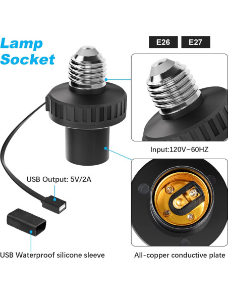 Adaptador de Enchufe de Lámpara UYODM USB E26 5V 2A Negro Adaptador de Enchufe de Lámpara UYODM USB E26 5V 2A Negro