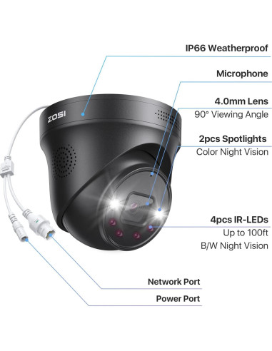 Cámara de Seguridad ZOSI 4K PoE Domo 8MP con Audio Bidireccional
