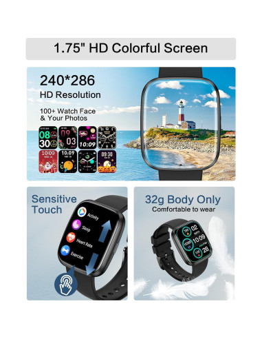 Reloj Inteligente EGQINR Negro 1.75" Bluetooth Monitor Salud