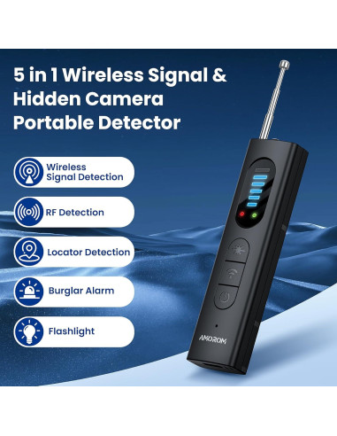 Detector de Cámaras Ocultas AMOROM 5 en 1, Antirrobo, Negro