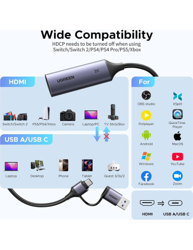 Tarjeta de Captura de Video UGREEN 2K 30FPS USB 3.0 con Cable Micro HDMI