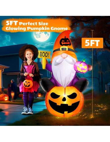 Gnome Inflable de Halloween 5FT con Calabaza y Luces LED