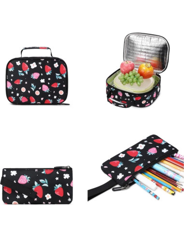 Mochila Escolar Niñas Fresa con Caja Almuerzo y Estuche