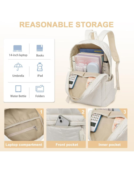 Mochila Escolar LEDAOU Beige Acolchado 18L para Niñas Mochila Escolar LEDAOU Beige Acolchado 18L para Niñas